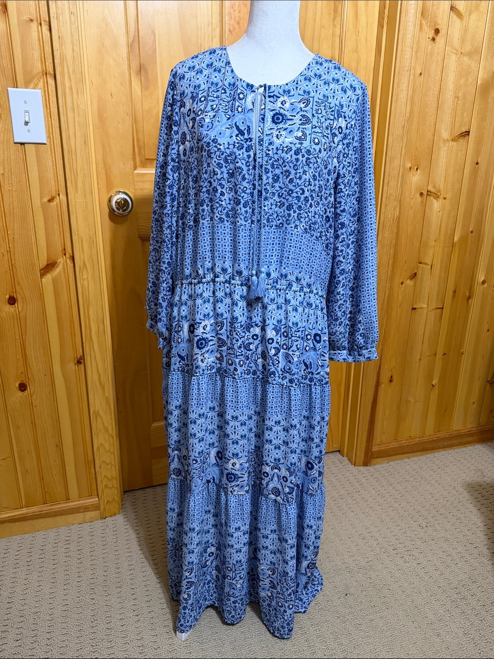 J McLaughlin Blue Floral Maxi Dress with Tiered Skirt Bohemian Style, Tassels.
